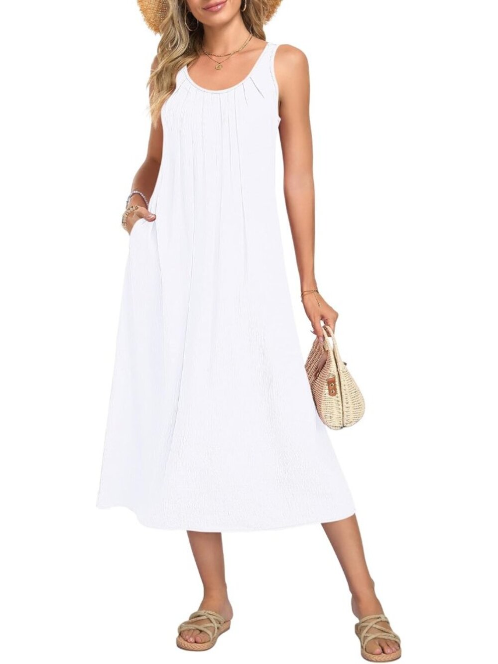 Women's White Summer Maxi Dress Sleeveless Back Hollow Out Long Beach Dress